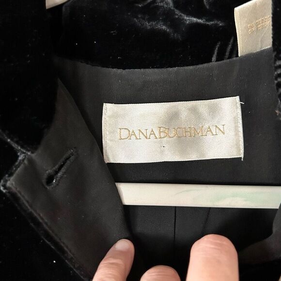 Vintage 90s Long Velvet Dana Buchman Jacket Black Silk Laser Triangle Print Sz 6 - Picture 9 of 10